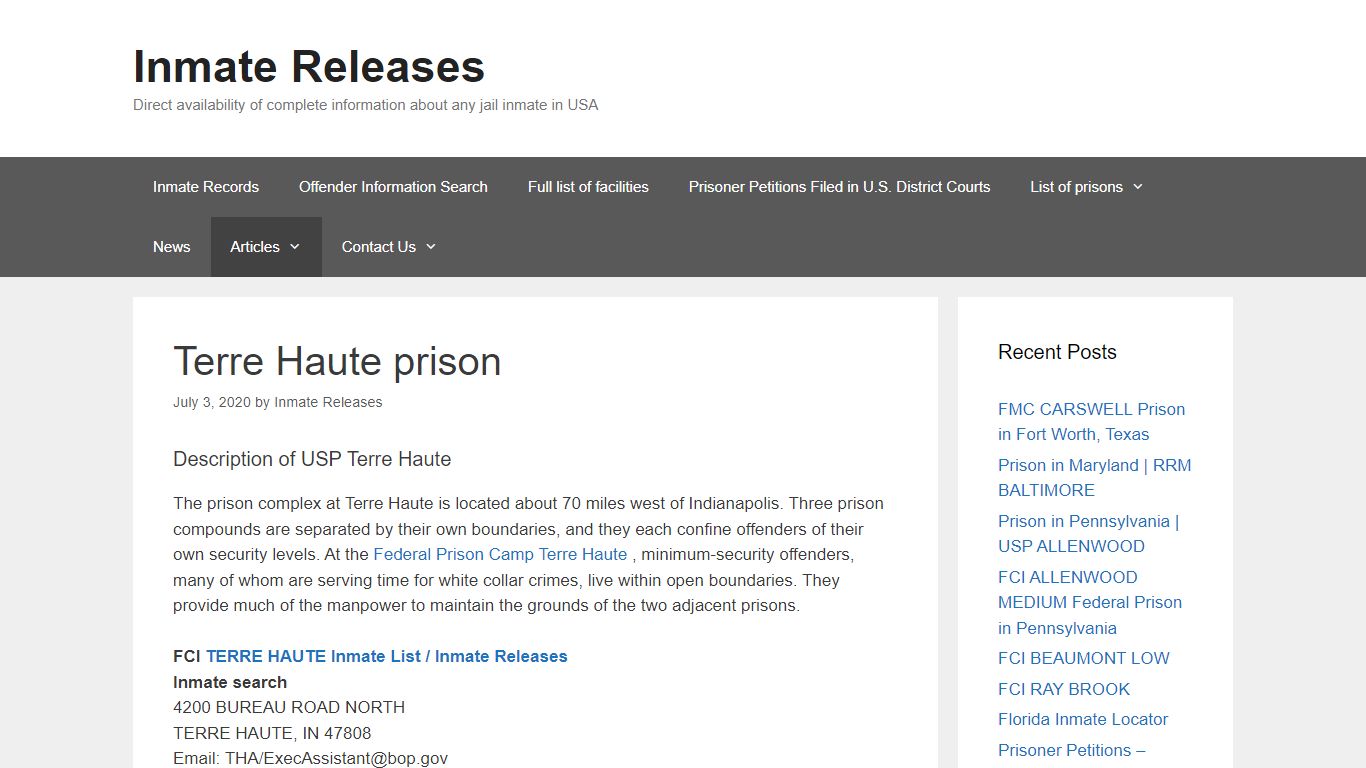 Terre Haute prison – Inmate Releases