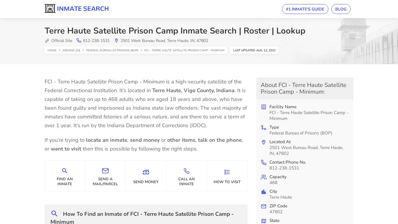 Terre Haute Satellite Prison Camp Inmate Search | Roster ...