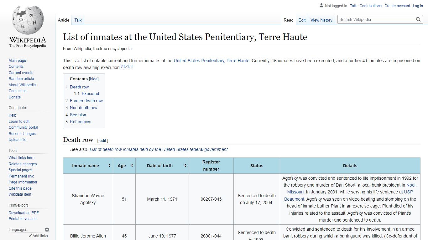 List of inmates at the United States Penitentiary, Terre Haute